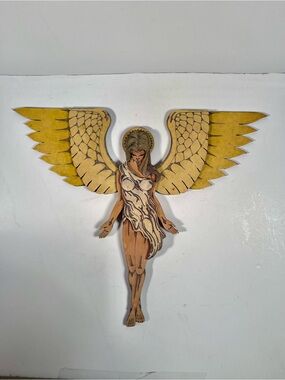 Handcrafted Yellow Angel Wall Decor - Wood Angel Sculpture